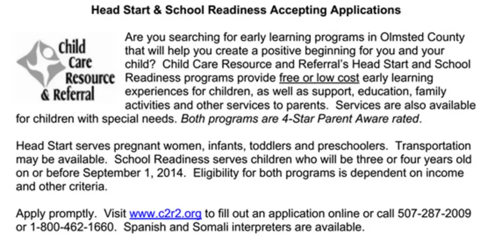 Child Care Resource &#038; Referral’s Head Start &#038; School Readiness Programs Of Olmsted County